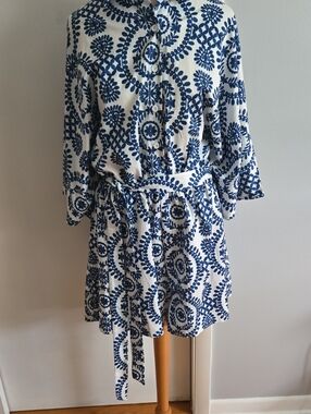 White Shirt Romper with Blue Botanical Print and Tie Belt